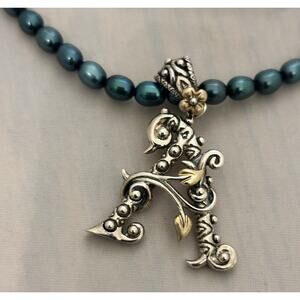 Barbara Bixby 925 SS 18K Initial”A”Pendant/Enhancer Teal Cultured Pearl Necklace